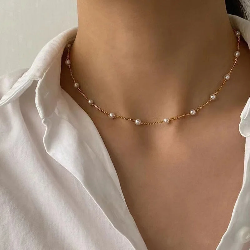 Women's Neck Gold Color Goth Pearl Choker Necklace