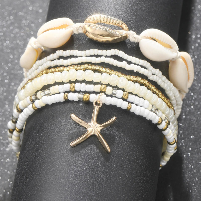 7pc/set Bohemian Starfish Anklet Set For Summer Beach