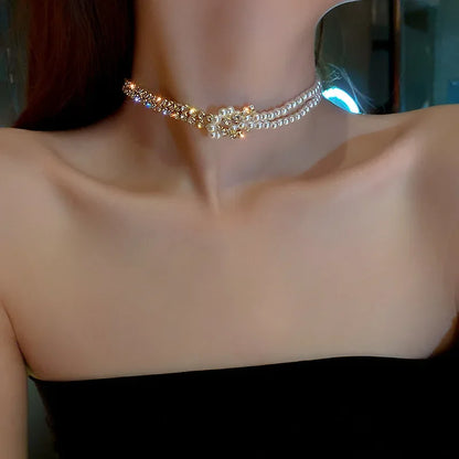 Women's Neck Gold Color Goth Pearl Choker Necklace