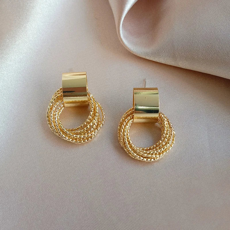 Retro Metal Gold Color Multiple Small Circle Stud Earrings For Women