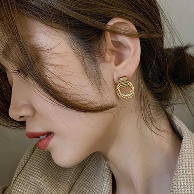 Retro Metal Gold Color Multiple Small Circle Stud Earrings For Women