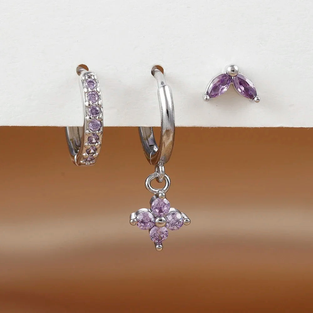 3PCS Stainless Steel Exquisite Zircon Hanging Earrings Set for Women