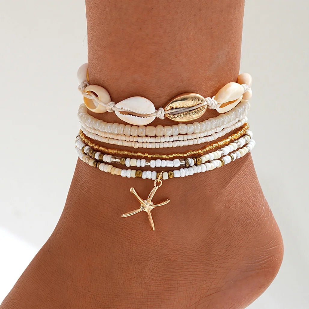 7pc/set Bohemian Starfish Anklet Set For Summer Beach